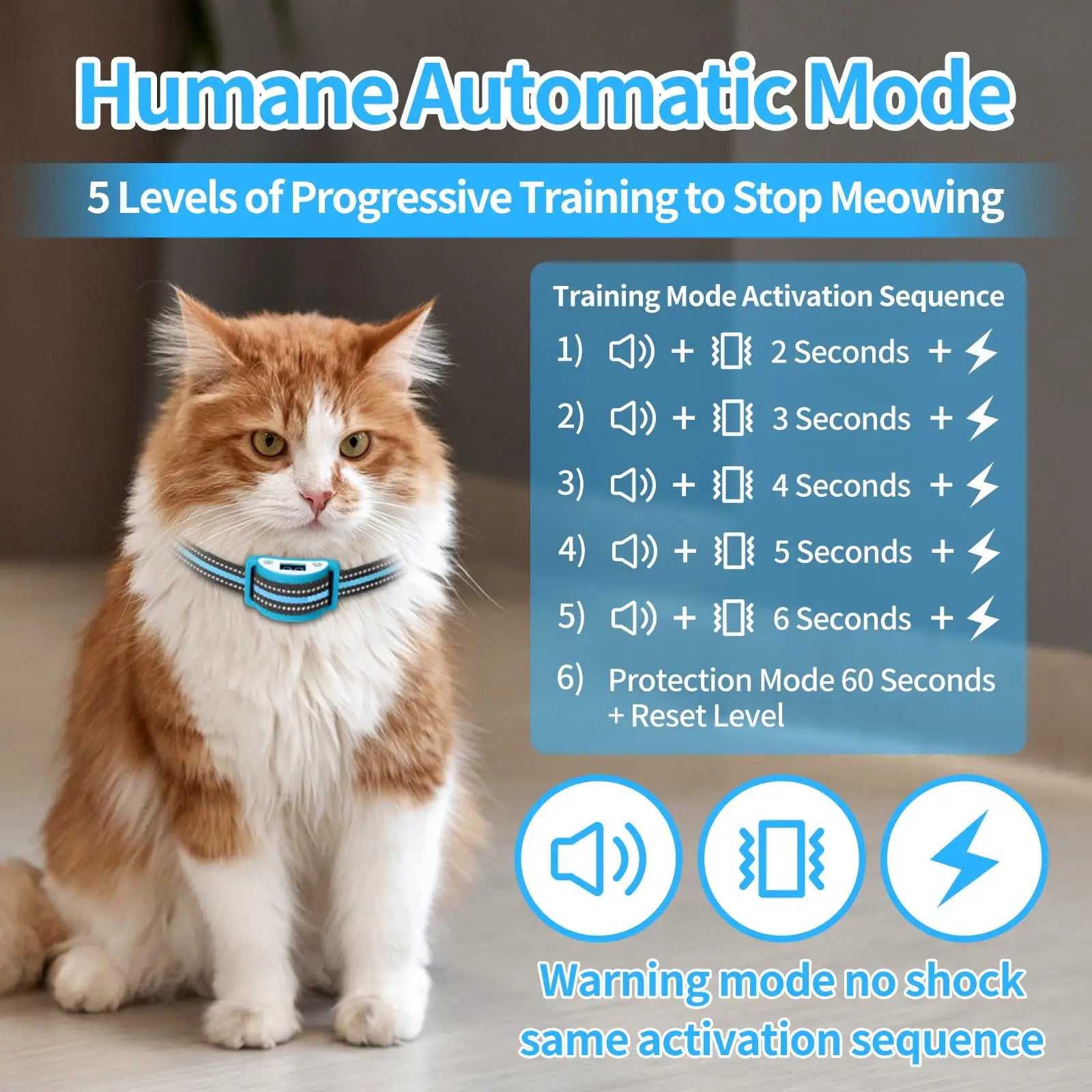 Anti-Meow Cat Training Collar - Auto Stop Meowing with Vibration & Shock Modes for 5-25 lbs Cats