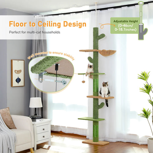 5-Tier Floor to Ceiling Cat Tree Tower - Cactus Design with Scratching Posts, Hammock & Dangling Ball for Indoor Cats