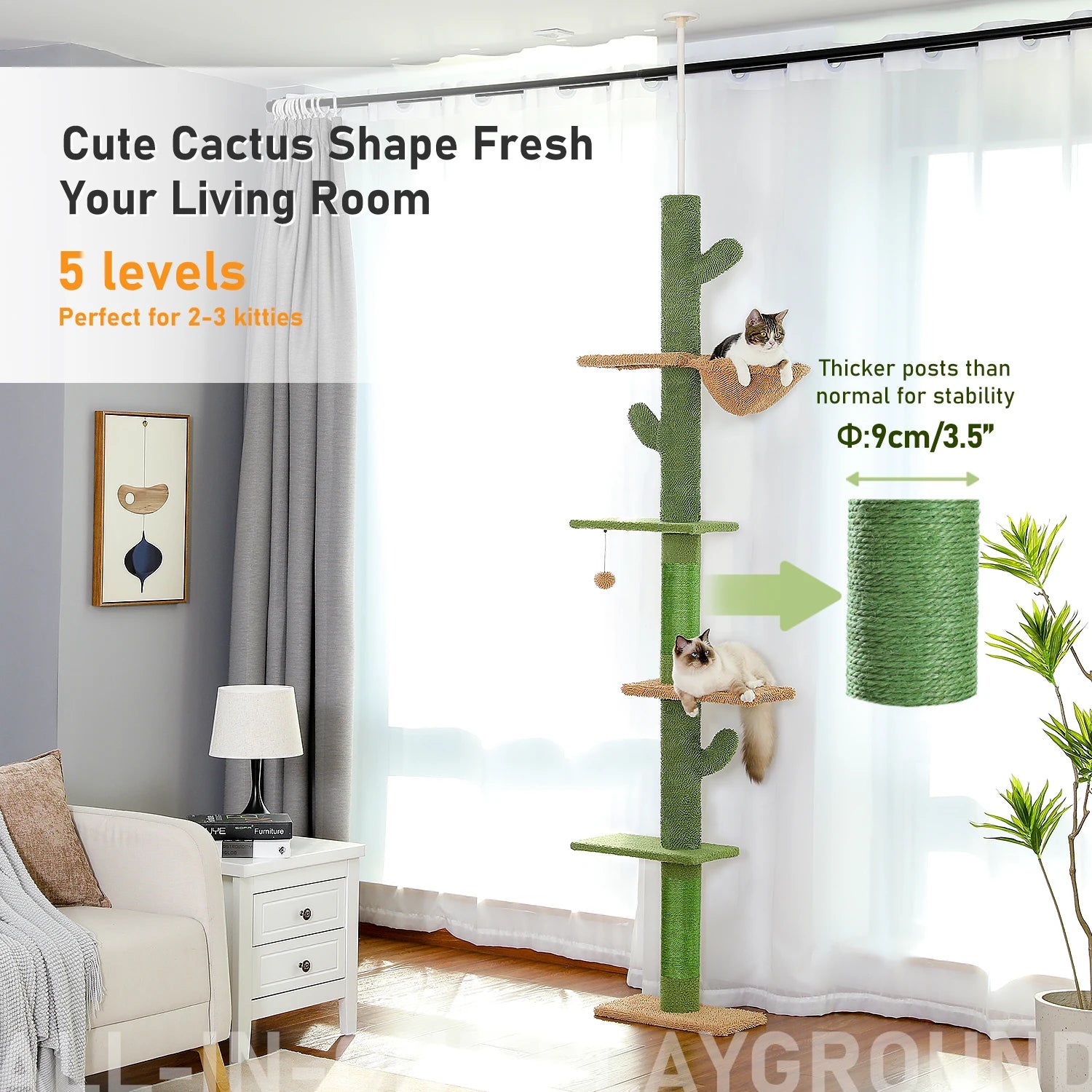 5-Tier Floor to Ceiling Cat Tree Tower - Cactus Design with Scratching Posts, Hammock & Dangling Ball for Indoor Cats