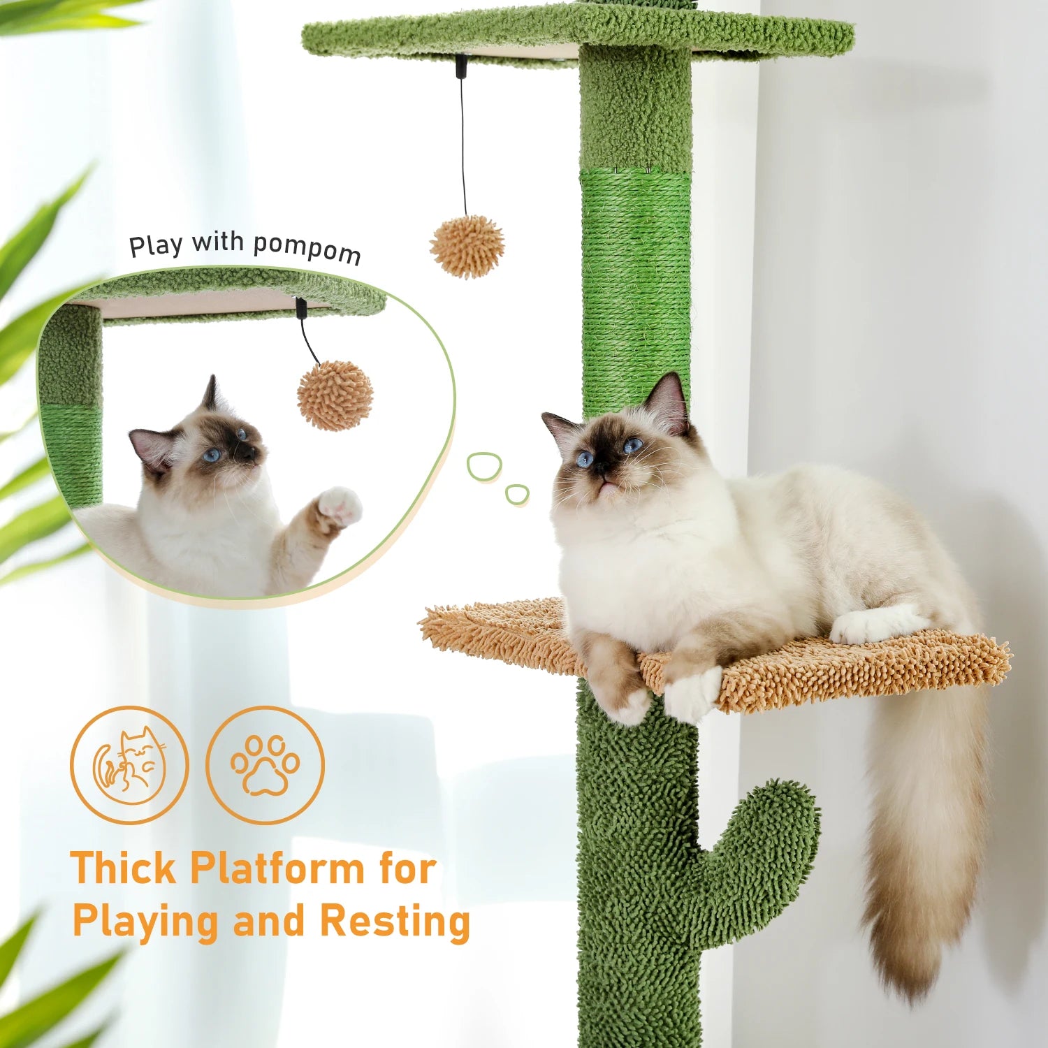 5-Tier Floor to Ceiling Cat Tree Tower - Cactus Design with Scratching Posts, Hammock & Dangling Ball for Indoor Cats