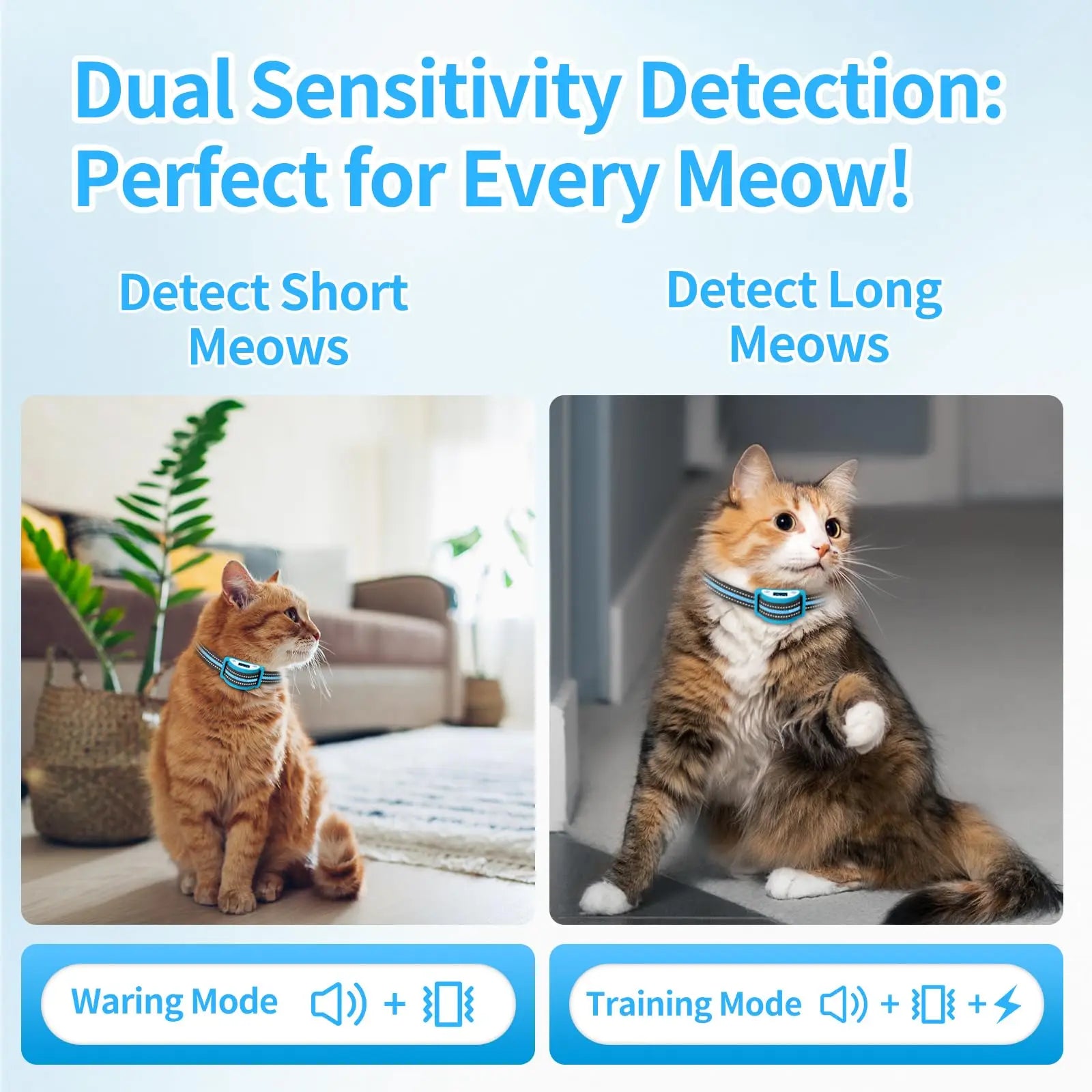 Anti-Meow Cat Training Collar - Auto Stop Meowing with Vibration & Shock Modes for 5-25 lbs Cats