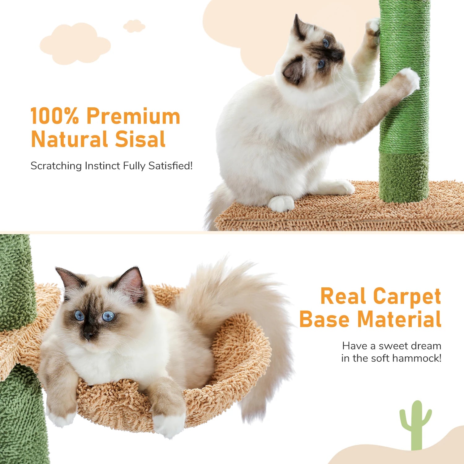 5-Tier Floor to Ceiling Cat Tree Tower - Cactus Design with Scratching Posts, Hammock & Dangling Ball for Indoor Cats