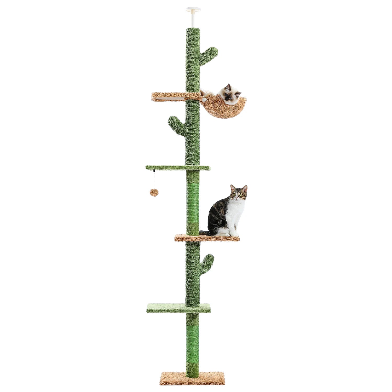 5-Tier Floor to Ceiling Cat Tree Tower - Cactus Design with Scratching Posts, Hammock & Dangling Ball for Indoor Cats
